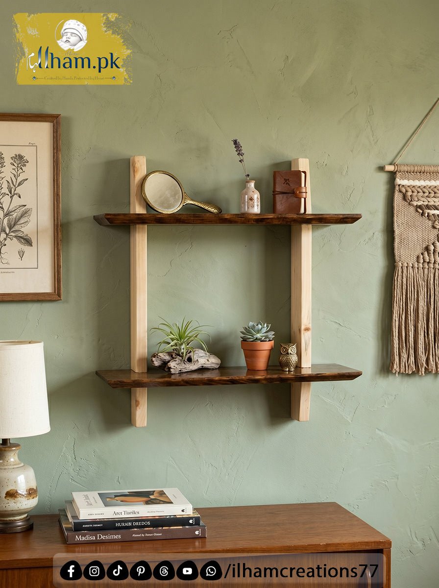 Elegant Handmade Wooden Two Tier Wall Storage Shelf | ilham.pk - ilham - Crafted by Hands, Perfected by Heart
