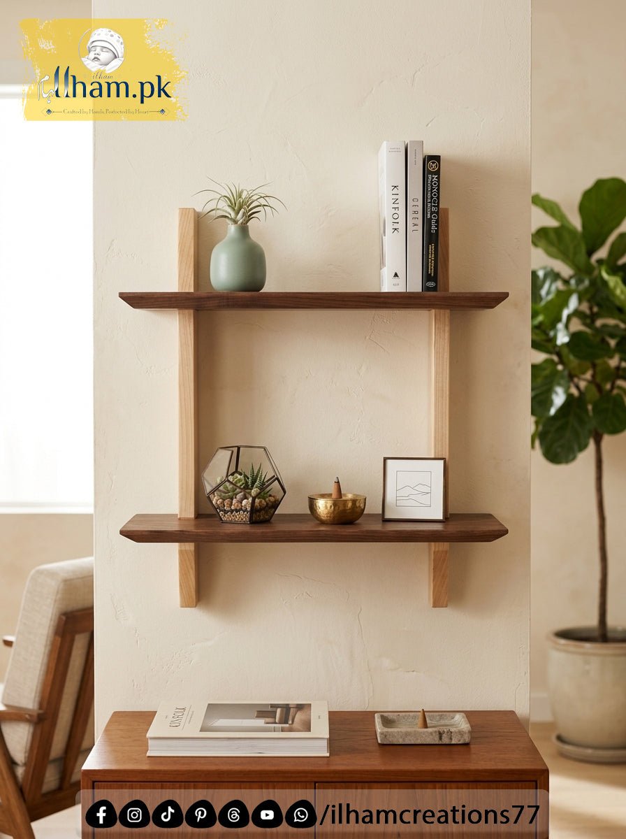 Elegant Handmade Wooden Two Tier Wall Storage Shelf | ilham.pk - ilham - Crafted by Hands, Perfected by Heart