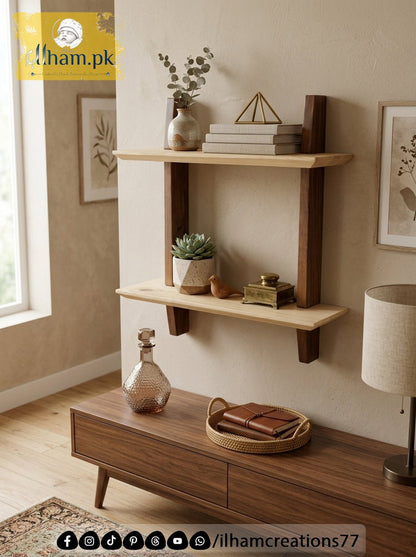Elegant Handmade Wooden Two Tier Wall Storage Shelf | ilham.pk - ilham - Crafted by Hands, Perfected by Heart