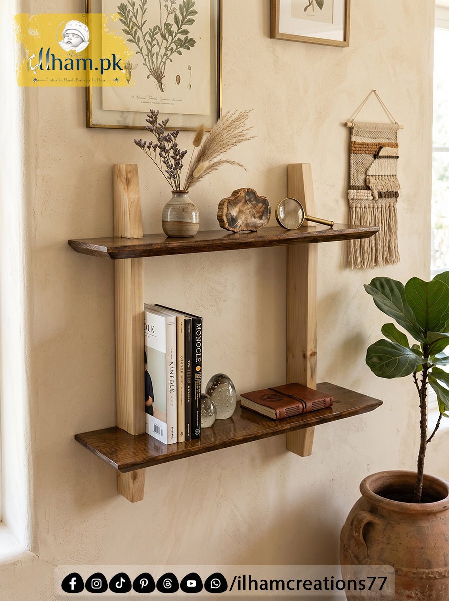 Elegant Handmade Wooden Two Tier Wall Storage Shelf | ilham.pk - ilham - Crafted by Hands, Perfected by Heart