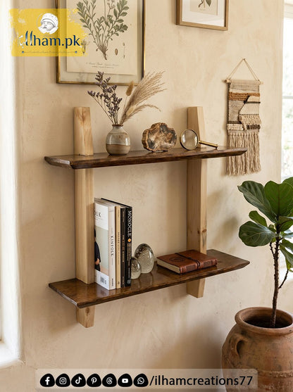 Elegant Handmade Wooden Two Tier Wall Storage Shelf | ilham.pk - ilham - Crafted by Hands, Perfected by Heart