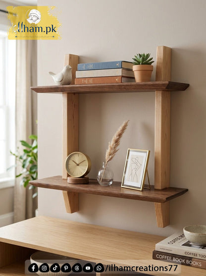 Elegant Handmade Wooden Two Tier Wall Storage Shelf | ilham.pk - ilham - Crafted by Hands, Perfected by Heart