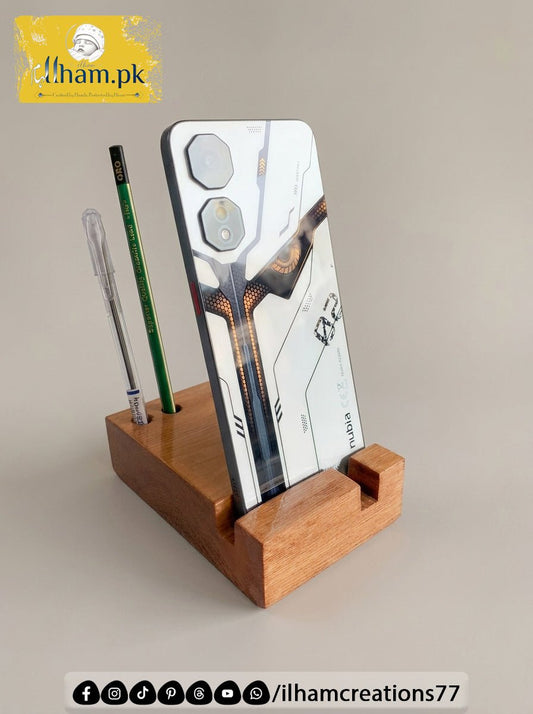 Elegant Wooden Mobile Stand with Pen Stand | ilham.pk - ilham Creations