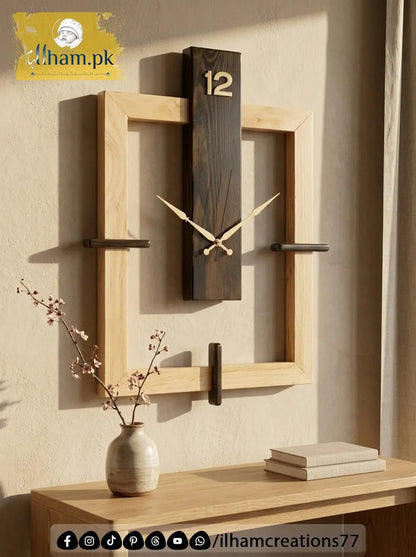 Frame Shape Wooden Wall Clock in Black Antique and Natural Wood Color - ilham Creations - ilham Creations