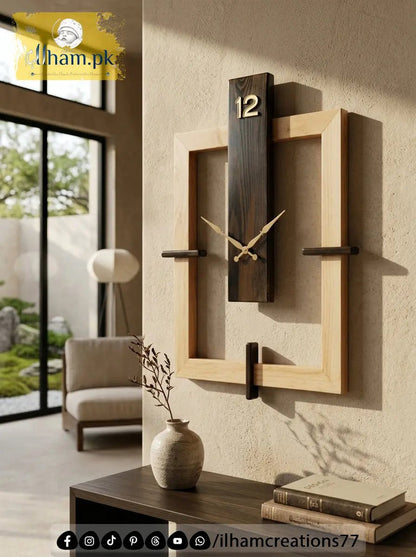 Frame Shape Wooden Wall Clock in Black Antique and Natural Wood Color - ilham Creations - ilham Creations