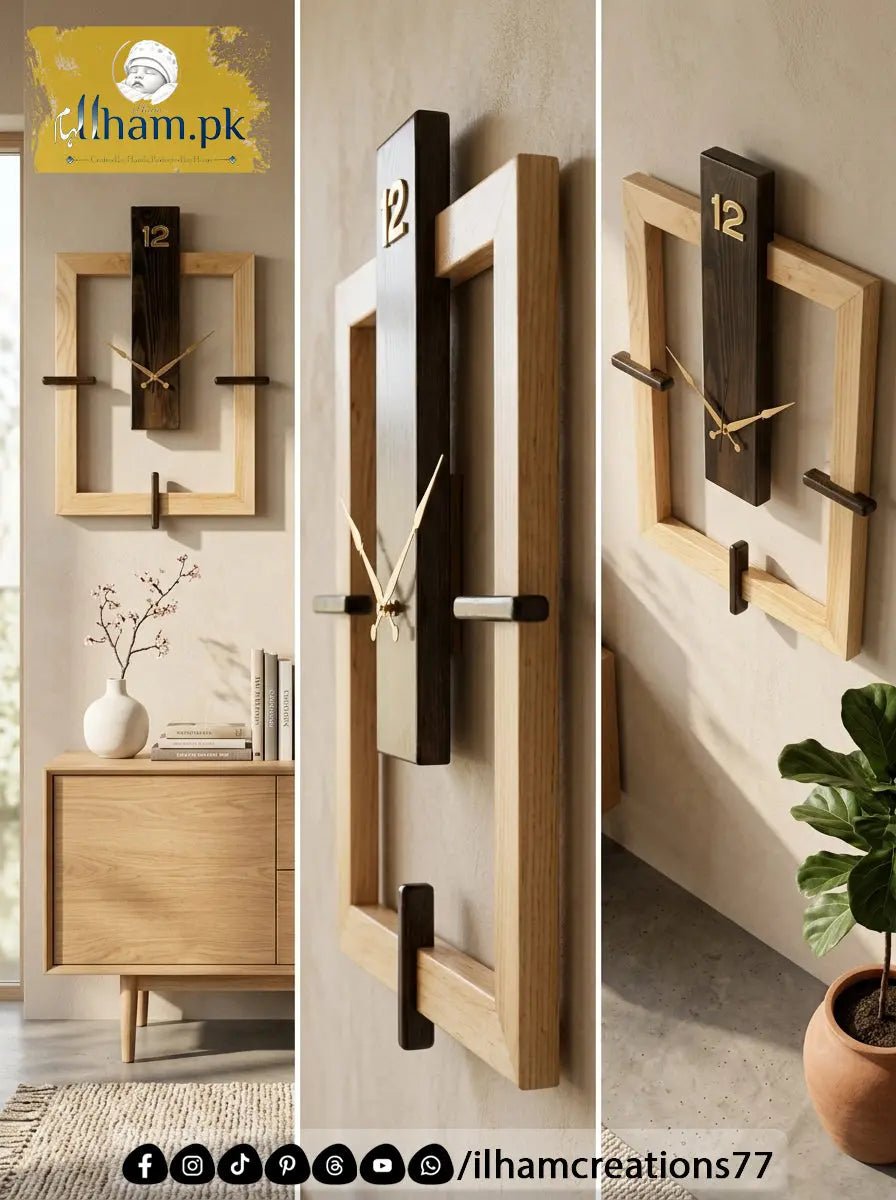 Frame Shape Wooden Wall Clock in Black Antique and Natural Wood Color - ilham Creations - ilham Creations