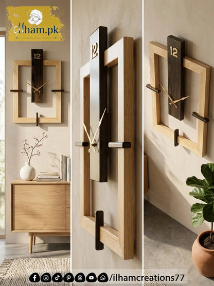 Frame Shape Wooden Wall Clock in Black Antique and Natural Wood Color - ilham Creations - ilham Creations
