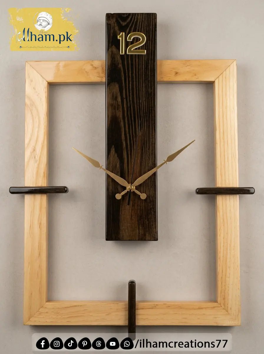 Frame Shape Wooden Wall Clock in Black Antique and Natural Wood Color - ilham Creations - ilham Creations