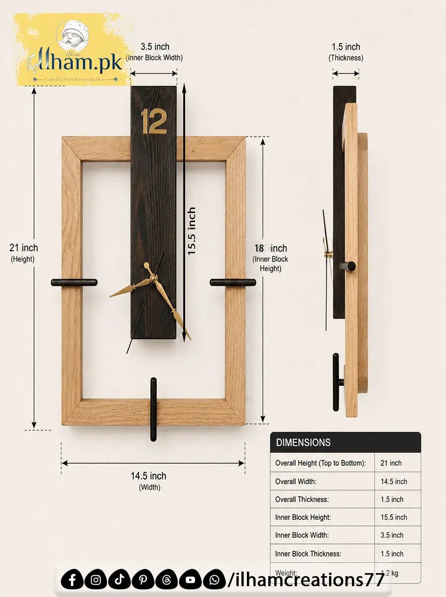 Frame Shape Wooden Wall Clock in Black Antique and Natural Wood Color - ilham Creations - ilham Creations
