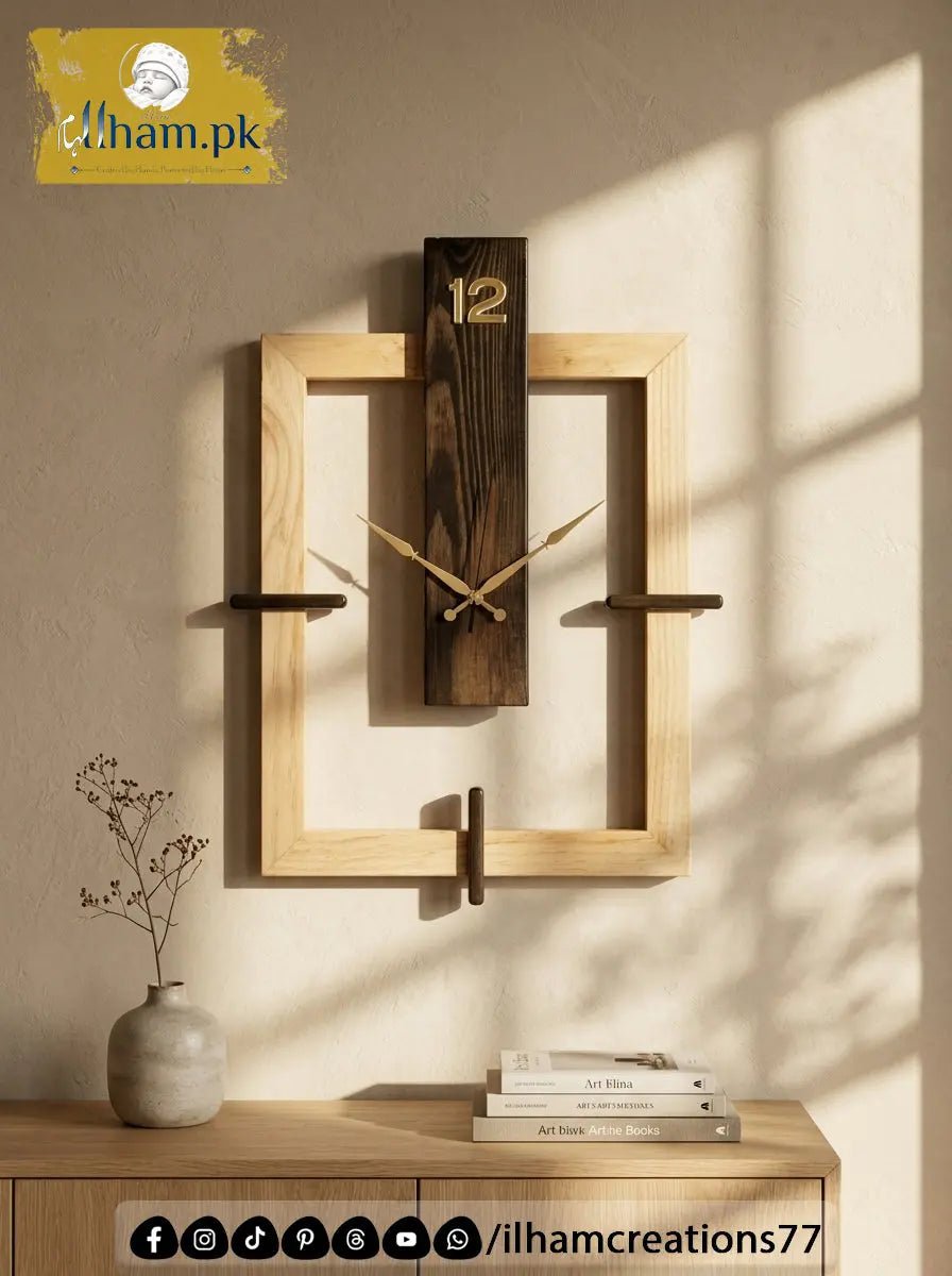 Frame Shape Wooden Wall Clock in Black Antique and Natural Wood Color - ilham Creations - ilham Creations