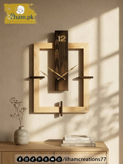 Frame Shape Wooden Wall Clock in Black Antique and Natural Wood Color - ilham Creations - ilham Creations