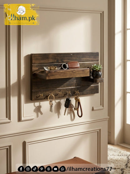 Handcrafted Wooden Key Holder with Storage Shelf & Flower Hanger | ilham.pk - ilham Creations