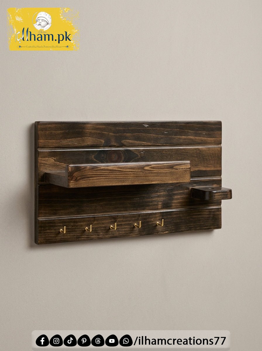 Handcrafted Wooden Key Holder with Storage Shelf & Flower Hanger | ilham.pk - ilham Creations