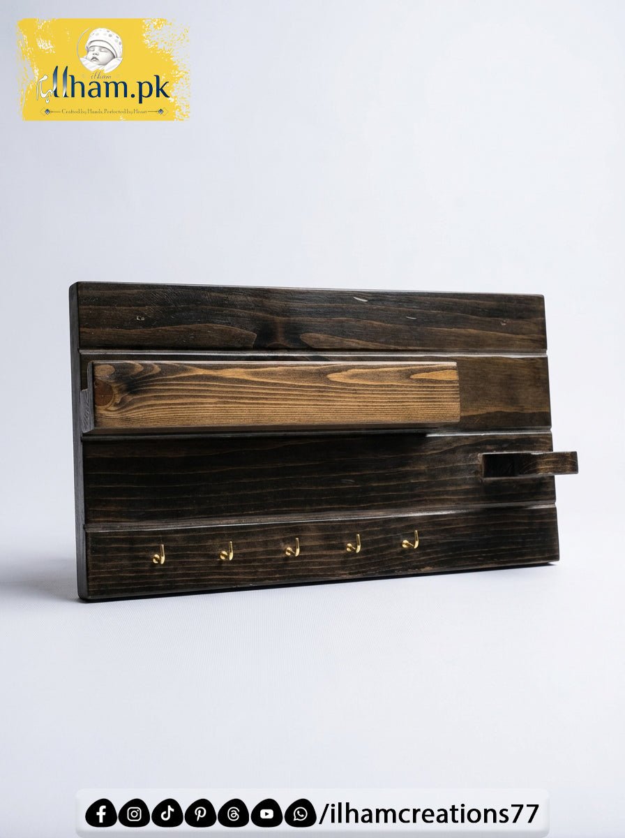 Handcrafted Wooden Key Holder with Storage Shelf & Flower Hanger | ilham.pk - ilham Creations