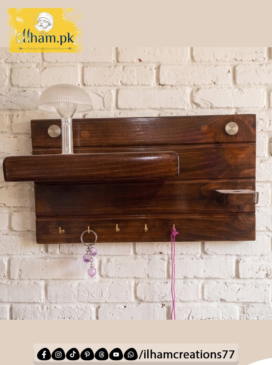 Handcrafted Wooden Key Holder with Storage Shelf & Flower Hanger | ilham.pk - ilham Creations