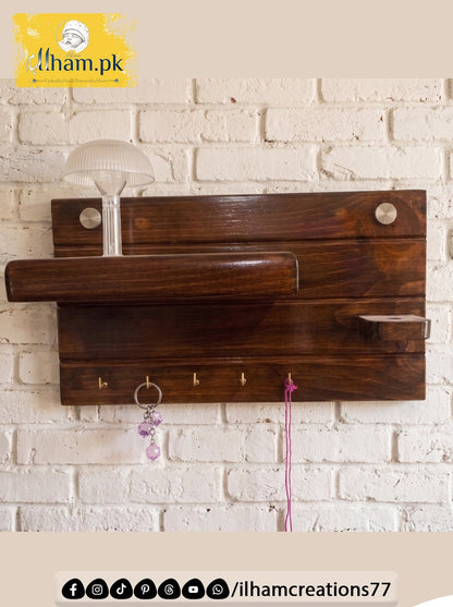 Handcrafted Wooden Key Holder with Storage Shelf & Flower Hanger | ilham.pk - ilham Creations