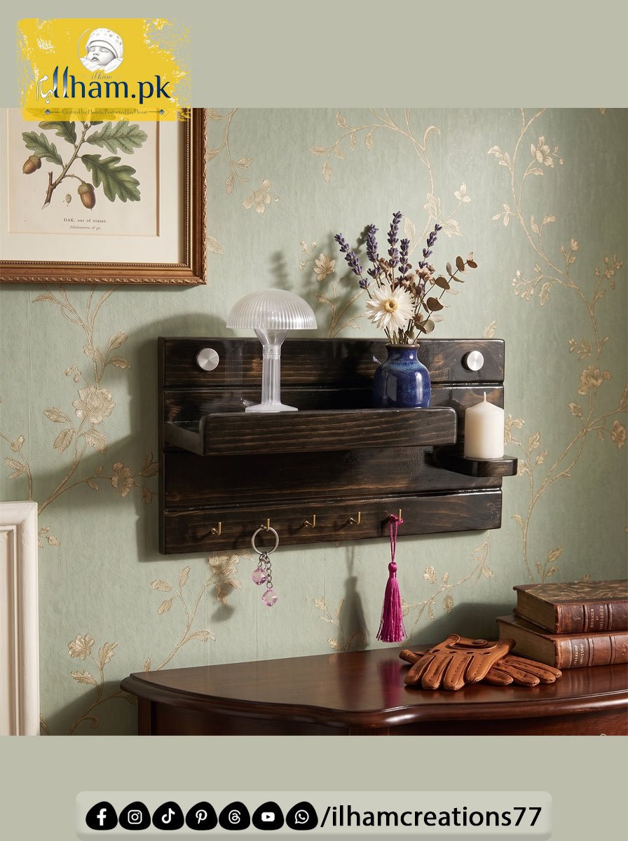 Handcrafted Wooden Key Holder with Storage Shelf & Flower Hanger | ilham.pk - ilham Creations