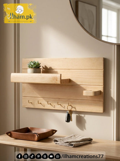 Handcrafted Wooden Key Holder with Storage Shelf & Flower Hanger | ilham.pk - ilham Creations