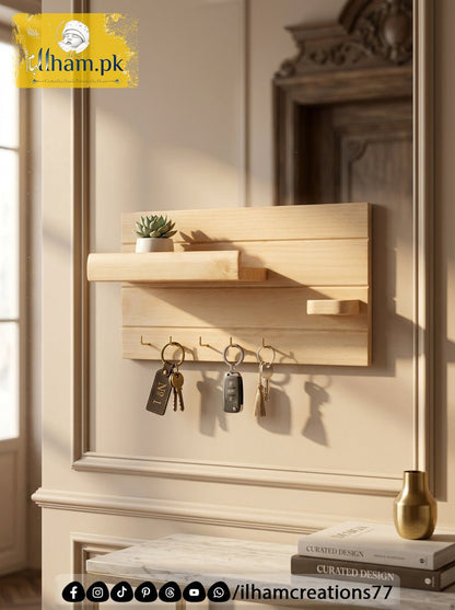 Handcrafted Wooden Key Holder with Storage Shelf & Flower Hanger | ilham.pk - ilham Creations