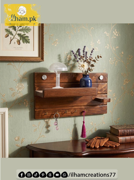 Handcrafted Wooden Key Holder with Storage Shelf & Flower Hanger | ilham.pk - ilham Creations
