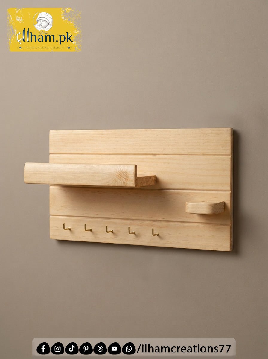 Handcrafted Wooden Key Holder with Storage Shelf & Flower Hanger | ilham.pk - ilham Creations