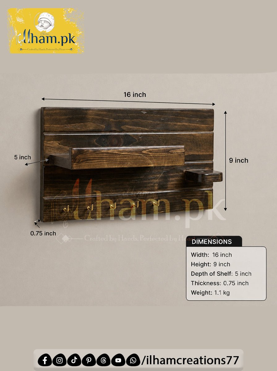 Handcrafted Wooden Key Holder with Storage Shelf & Flower Hanger | ilham.pk - ilham Creations