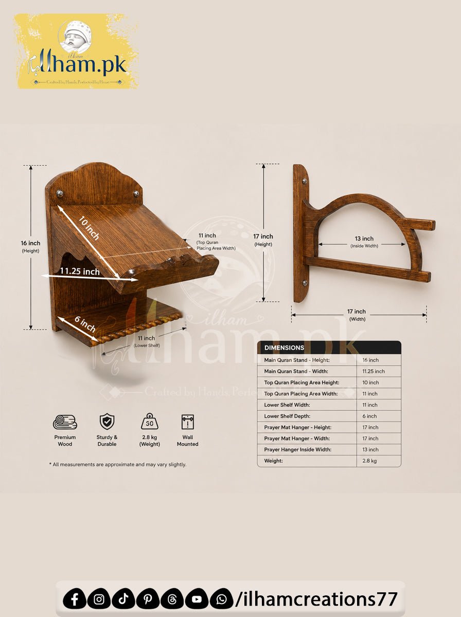 Hidayah Wooden Quran and Prayer Mat Organizer with Book Shelf and Tasbih Hanger - ilham Creations - ilham Creations