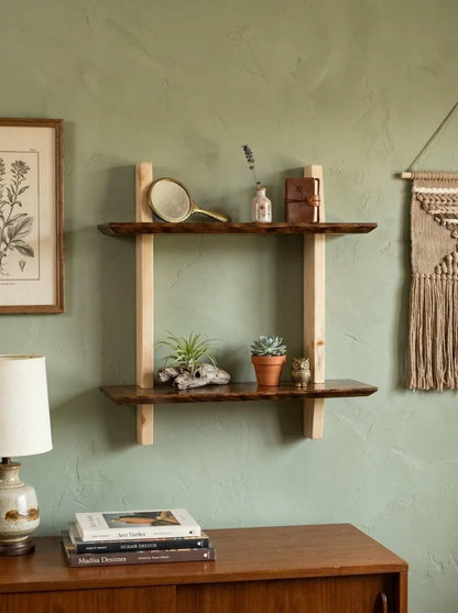Ilham Handmade Wooden Two-Tier Wall Shelf | Solid Wood Floating Display Shelf | 18" W x 5.5" D x 20" H | Rustic Decorative Storage Shelf for Living Room, Bedroom, Bathroom, Office & Kitchen - ilham - Crafted by Hands, Perfected by Heart