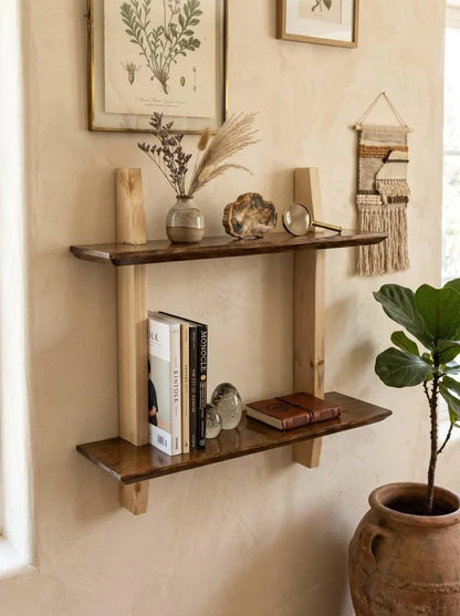 Ilham Handmade Wooden Two-Tier Wall Shelf | Solid Wood Floating Display Shelf | 18" W x 5.5" D x 20" H | Rustic Decorative Storage Shelf for Living Room, Bedroom, Bathroom, Office & Kitchen - ilham - Crafted by Hands, Perfected by Heart