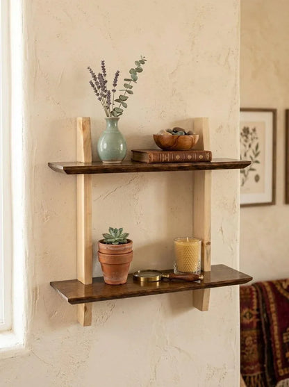 Ilham Handmade Wooden Two-Tier Wall Shelf | Solid Wood Floating Display Shelf | 18" W x 5.5" D x 20" H | Rustic Decorative Storage Shelf for Living Room, Bedroom, Bathroom, Office & Kitchen - ilham - Crafted by Hands, Perfected by Heart