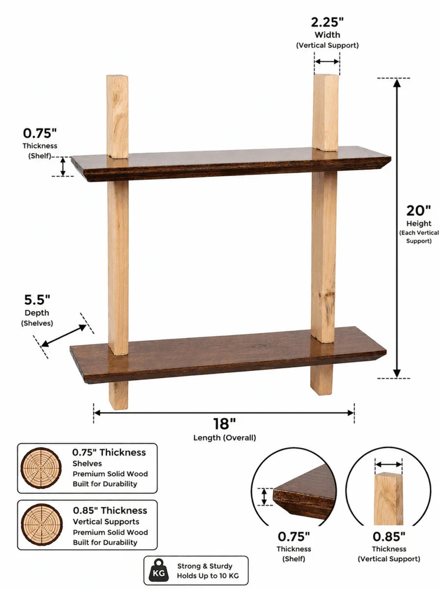 Ilham Handmade Wooden Two-Tier Wall Shelf | Solid Wood Floating Display Shelf | 18" W x 5.5" D x 20" H | Rustic Decorative Storage Shelf for Living Room, Bedroom, Bathroom, Office & Kitchen - ilham - Crafted by Hands, Perfected by Heart