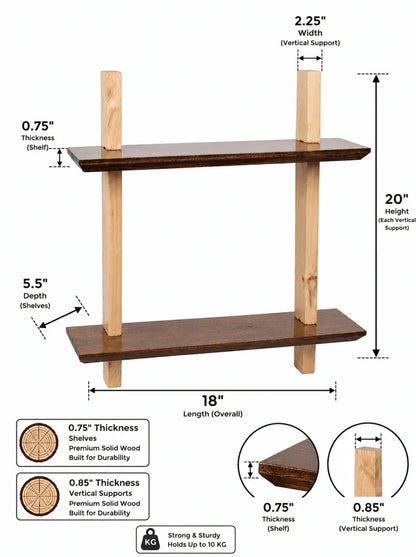 Ilham Handmade Wooden Two-Tier Wall Shelf | Solid Wood Floating Display Shelf | 18" W x 5.5" D x 20" H | Rustic Decorative Storage Shelf for Living Room, Bedroom, Bathroom, Office & Kitchen - ilham - Crafted by Hands, Perfected by Heart