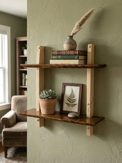 Ilham Handmade Wooden Two-Tier Wall Shelf | Solid Wood Floating Display Shelf | 18" W x 5.5" D x 20" H | Rustic Decorative Storage Shelf for Living Room, Bedroom, Bathroom, Office & Kitchen - ilham - Crafted by Hands, Perfected by Heart