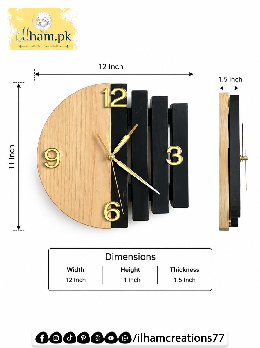 Luna Arc Modern Geometric Wooden Wall Clock Pakistan | ilham.pk - ilham - Crafted by Hands, Perfected by Heart