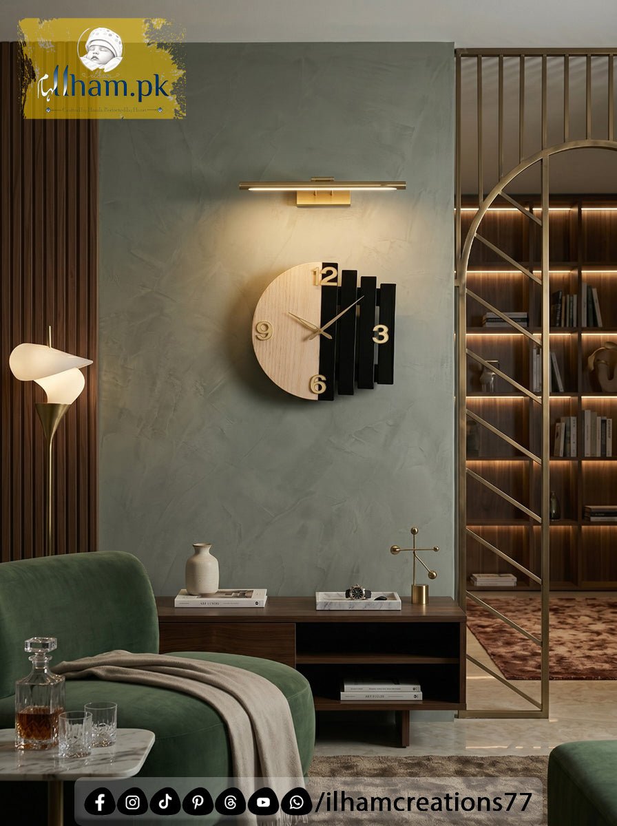 Luna Arc Modern Geometric Wooden Wall Clock Pakistan | ilham.pk - ilham - Crafted by Hands, Perfected by Heart