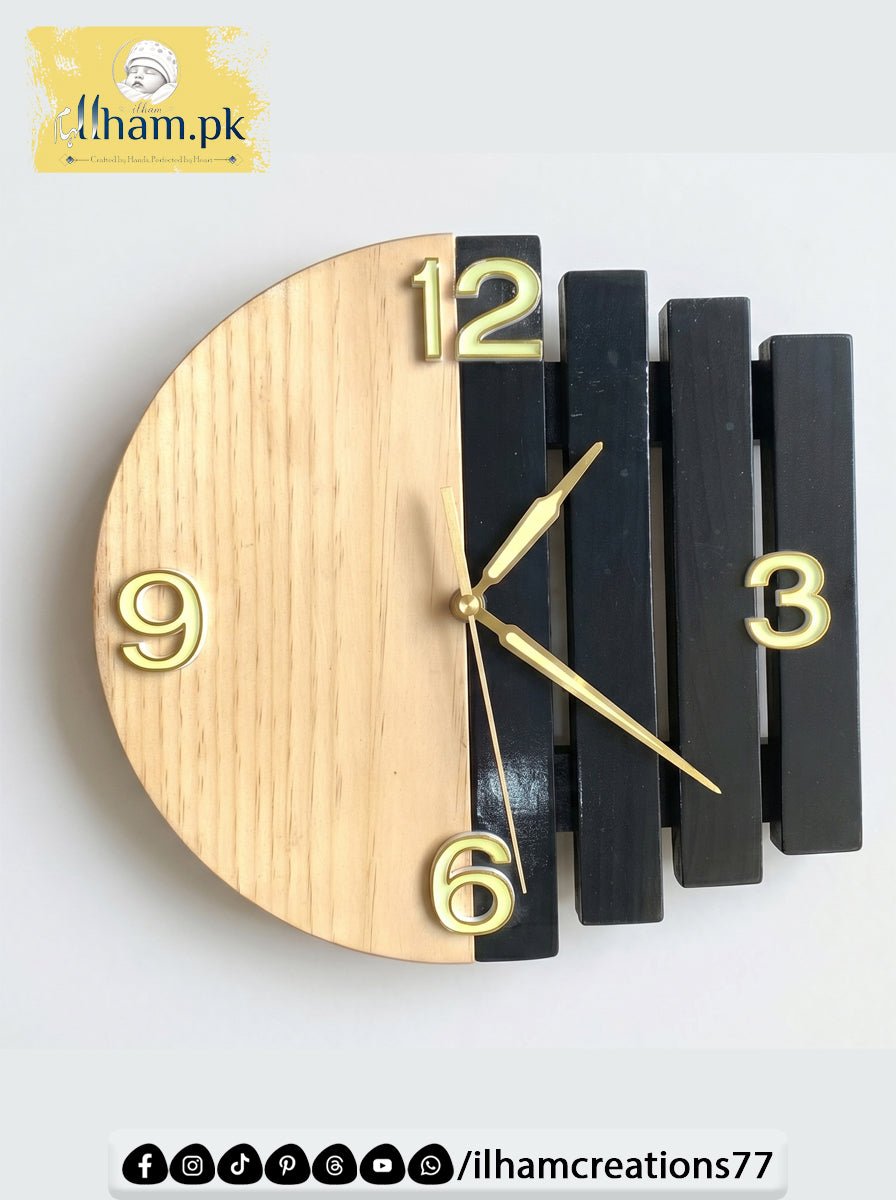 Luna Arc Modern Geometric Wooden Wall Clock Pakistan | ilham.pk - ilham - Crafted by Hands, Perfected by Heart