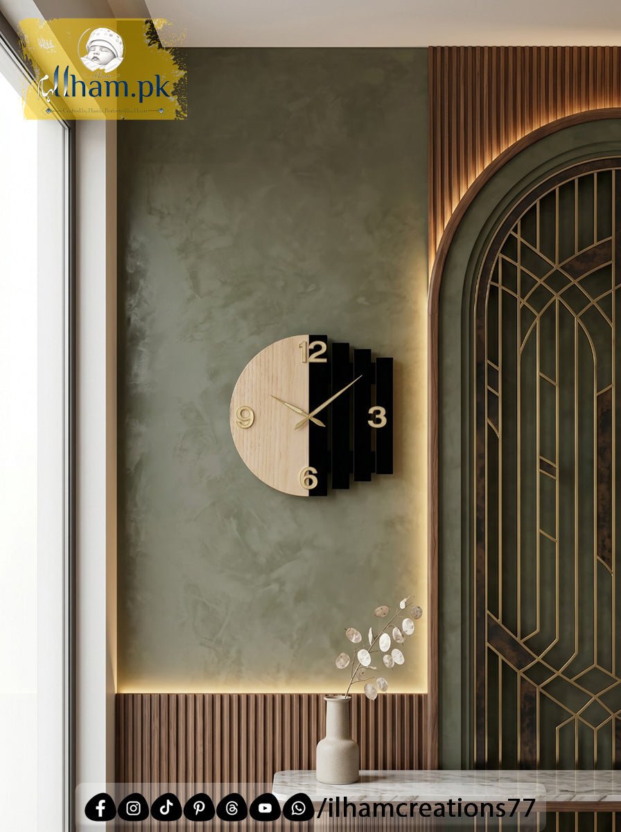 Luna Arc Modern Geometric Wooden Wall Clock Pakistan | ilham.pk - ilham - Crafted by Hands, Perfected by Heart