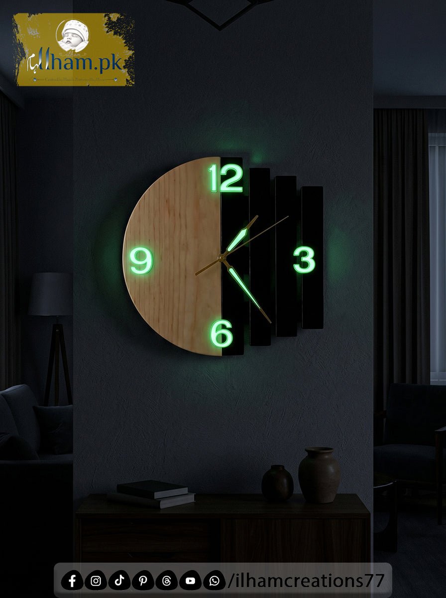 Luna Arc Modern Geometric Wooden Wall Clock Pakistan | ilham.pk - ilham - Crafted by Hands, Perfected by Heart
