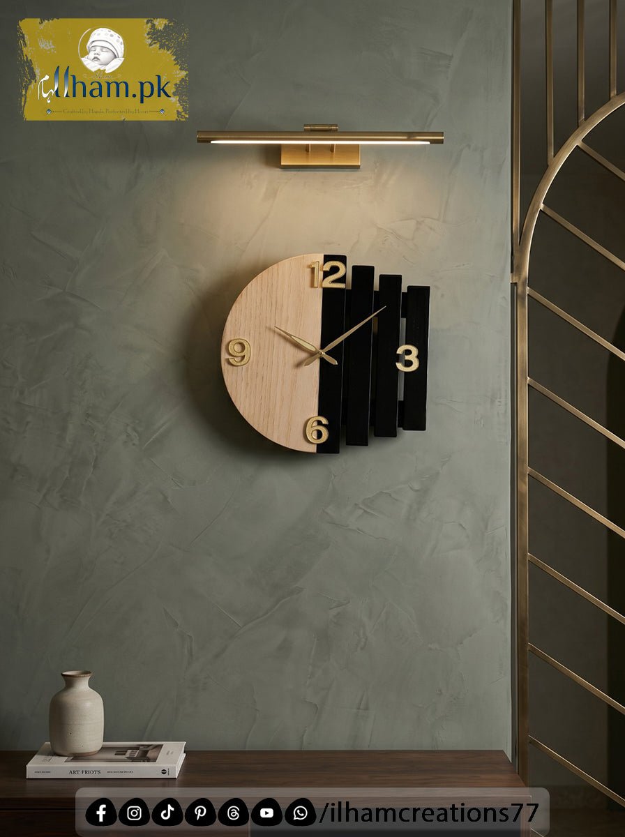 Luna Arc Modern Geometric Wooden Wall Clock Pakistan | ilham.pk - ilham - Crafted by Hands, Perfected by Heart