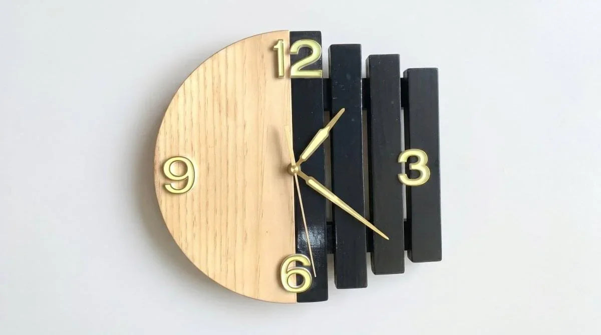 Luna Arc Modern Wooden Wall Clock | Premium Black & Natural Wood Wall Decor | ilham.pk - ilham - Crafted by Hands, Perfected by Heart