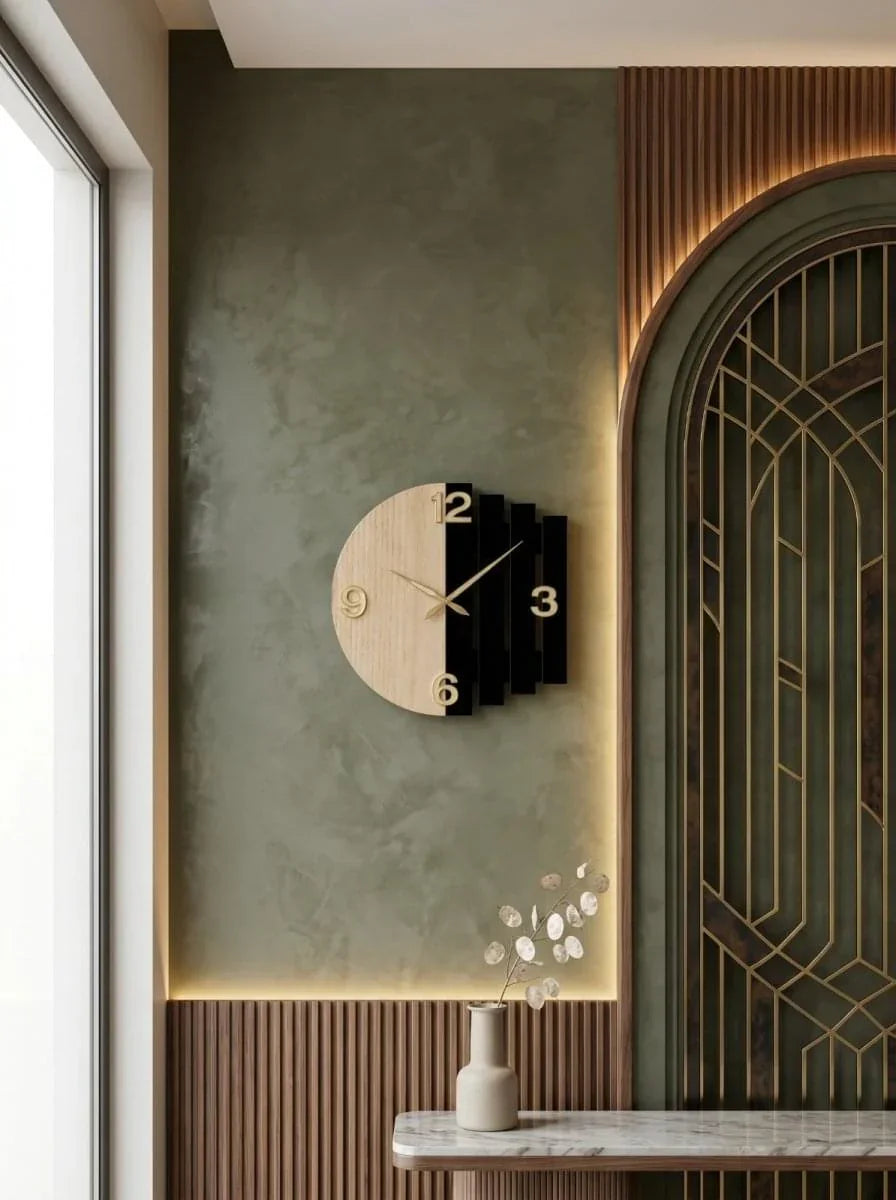 Luna Arc Modern Wooden Wall Clock | Premium Black & Natural Wood Wall Decor | ilham.pk - ilham - Crafted by Hands, Perfected by Heart
