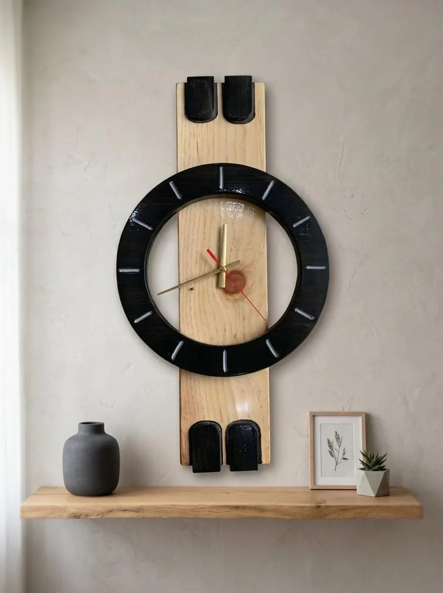 Modern Handmade Wooden Black & Natural Wood Design Eclipse Sonata Wall Clock for Living Room & Office | ilham.pk - ilham - Crafted by Hands, Perfected by Heart
