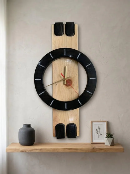 Modern Handmade Wooden Black & Natural Wood Design Eclipse Sonata Wall Clock for Living Room & Office | ilham.pk - ilham - Crafted by Hands, Perfected by Heart