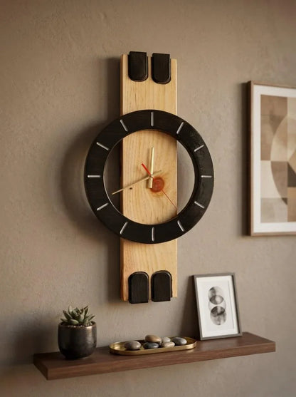 Modern Handmade Wooden Black & Natural Wood Design Eclipse Sonata Wall Clock for Living Room & Office | ilham.pk - ilham - Crafted by Hands, Perfected by Heart