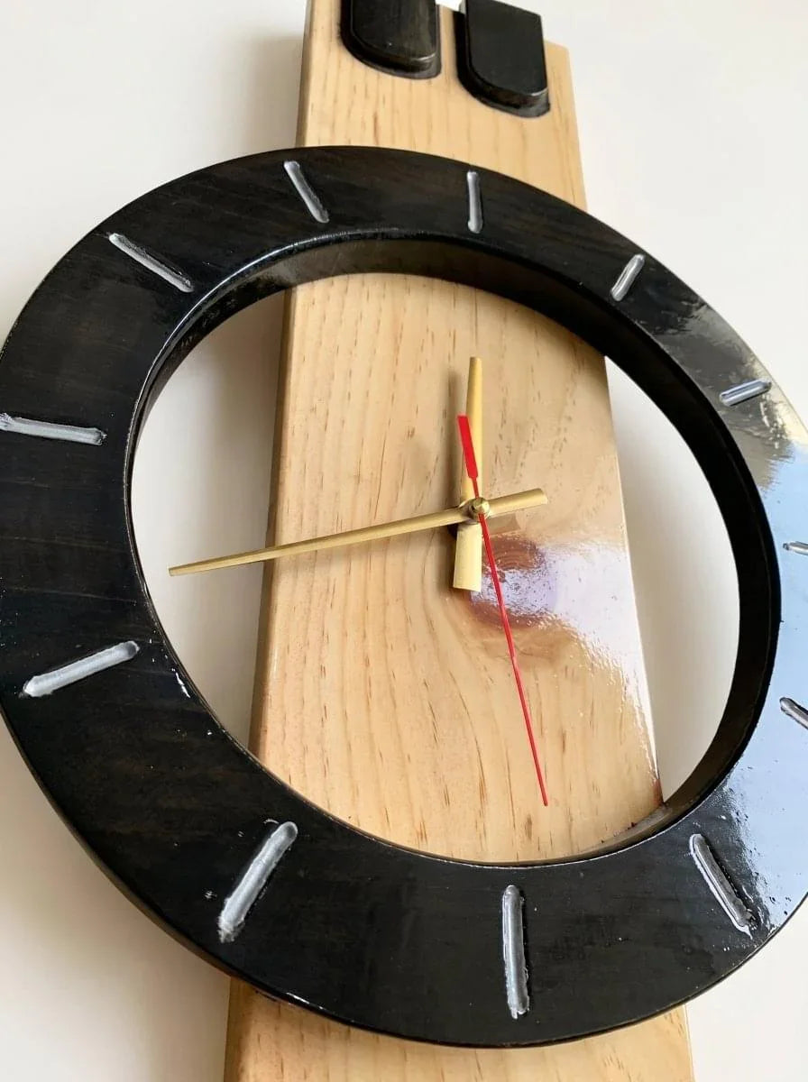 Modern Handmade Wooden Black & Natural Wood Design Eclipse Sonata Wall Clock for Living Room & Office | ilham.pk - ilham - Crafted by Hands, Perfected by Heart