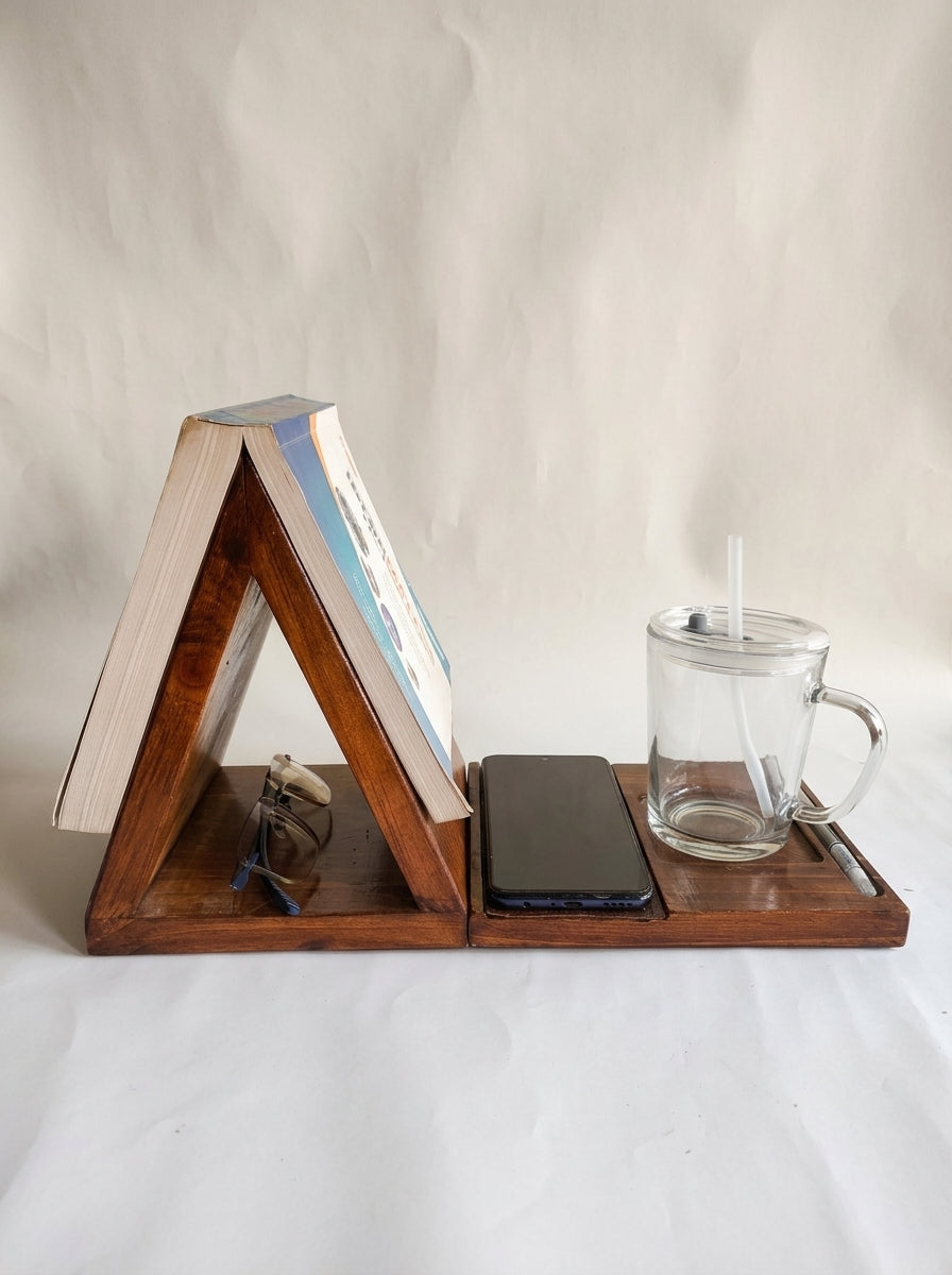 Foldable Wooden Sofa Arm Book Stand & Organizer | Reading Companion