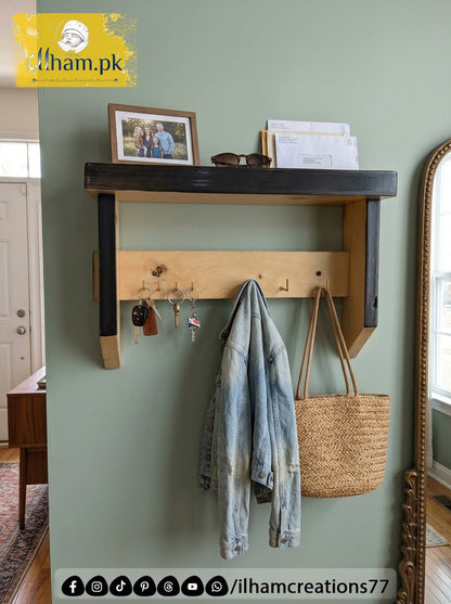 Multipurpose Wooden Keychain Holder with Hanger Hooks and Top Shelf - Wooden Entryway Organizer - ilham Creations - ilham Creations
