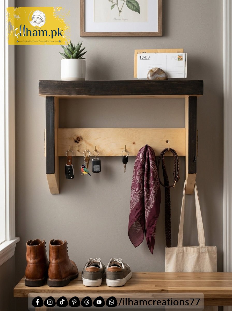 Multipurpose Wooden Keychain Holder with Hanger Hooks and Top Shelf - Wooden Entryway Organizer - ilham Creations - ilham Creations