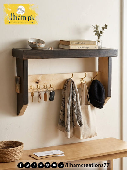 Multipurpose Wooden Keychain Holder with Hanger Hooks and Top Shelf - Wooden Entryway Organizer - ilham Creations - ilham Creations