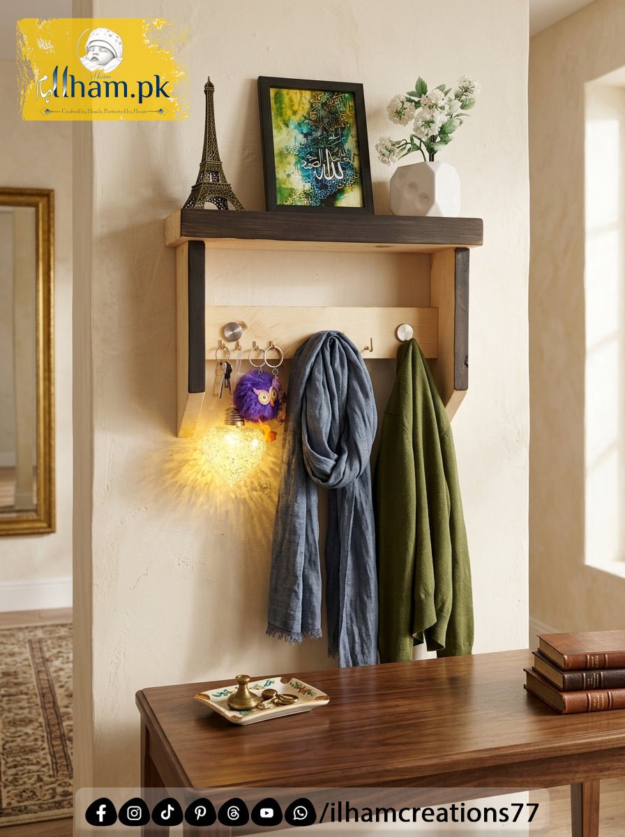 Multipurpose Wooden Keychain Holder with Hanger Hooks and Top Shelf - Wooden Entryway Organizer - ilham Creations - ilham Creations